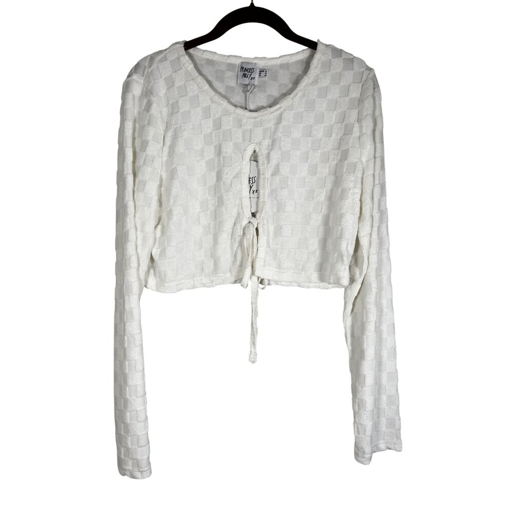 Princess Polly Crop Top White 12 Textured Knit Y2K Mod Retro Chic Neutral Artsy